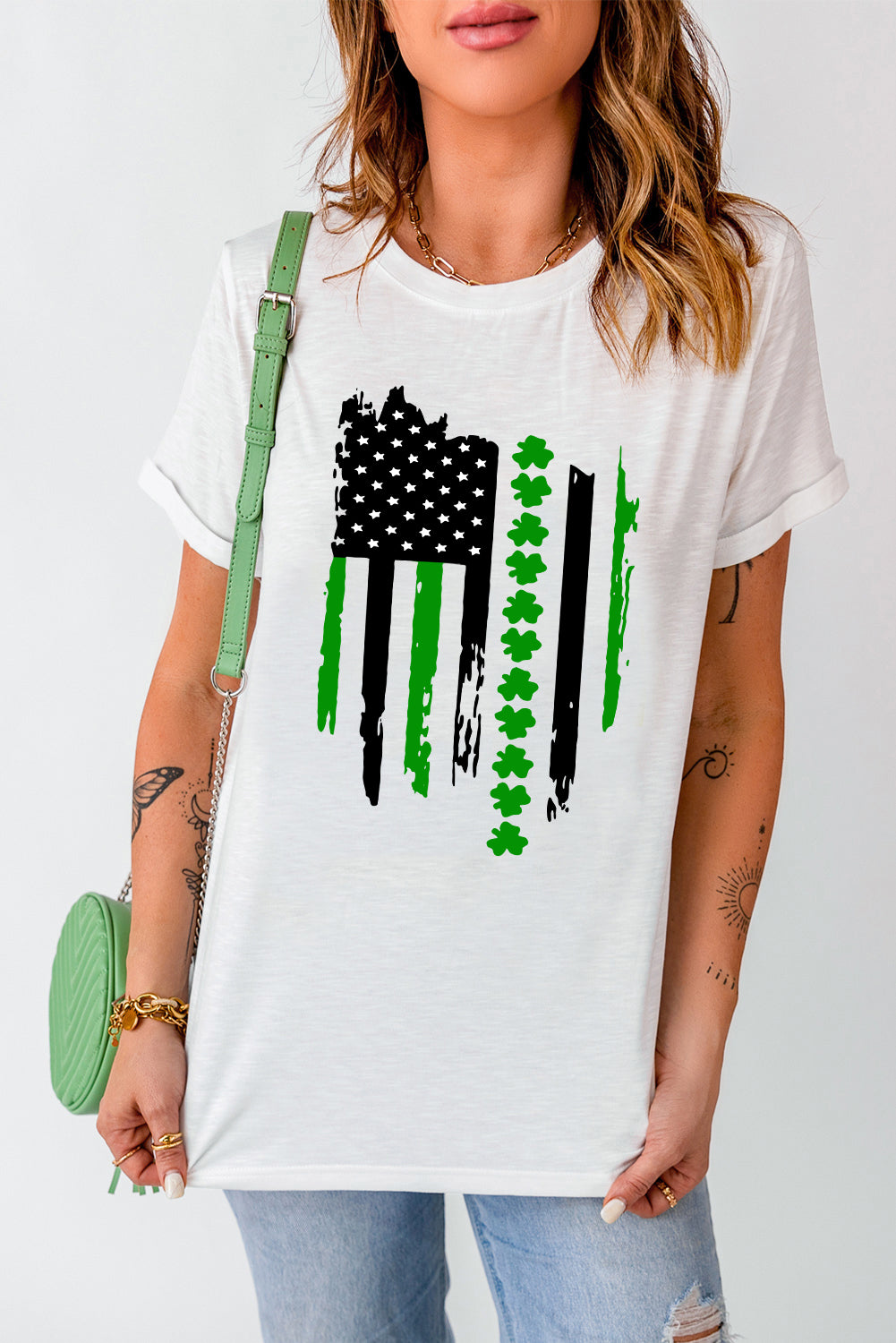 White St. Patricks Clover American Flag Tee
