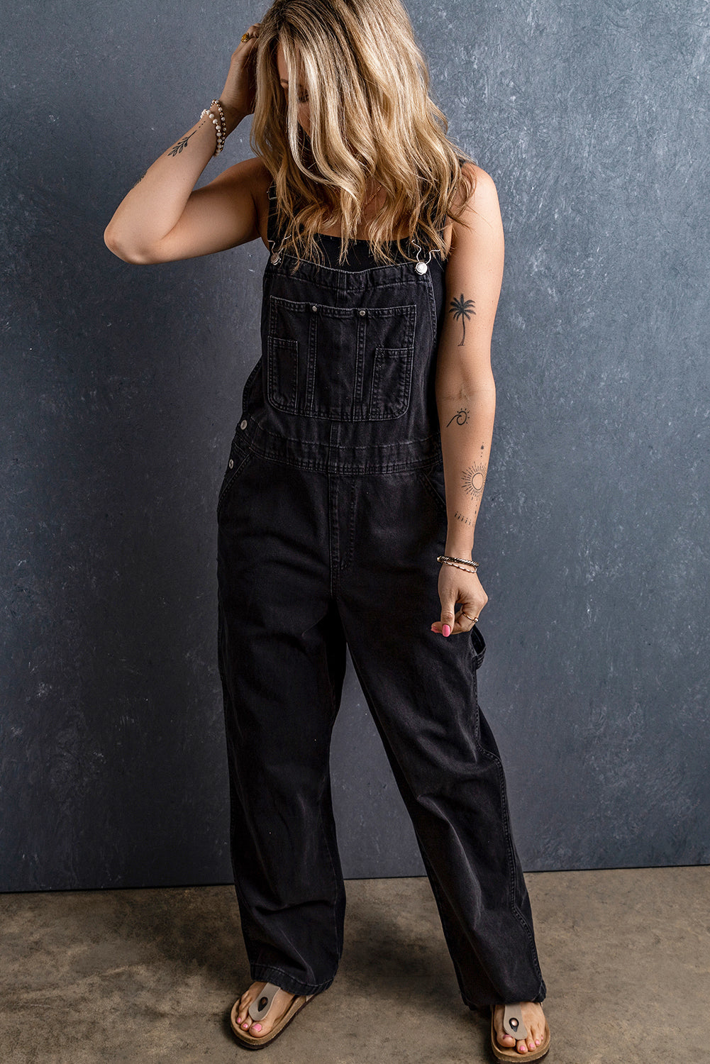 Black Adjustable Buckle Denim Overalls