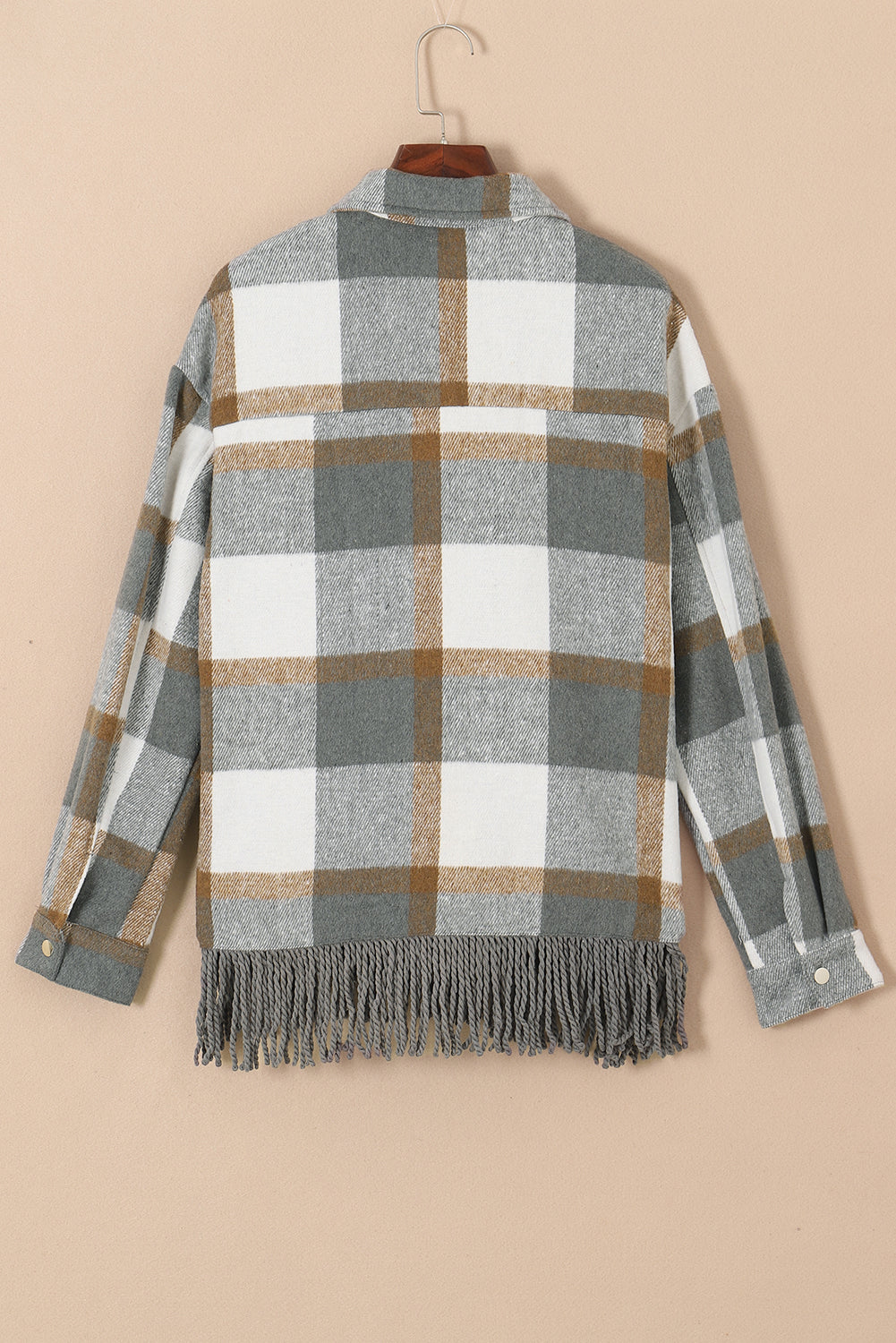 Sea Green Plaid Snap Button Pocket Fringed Hem Jacket