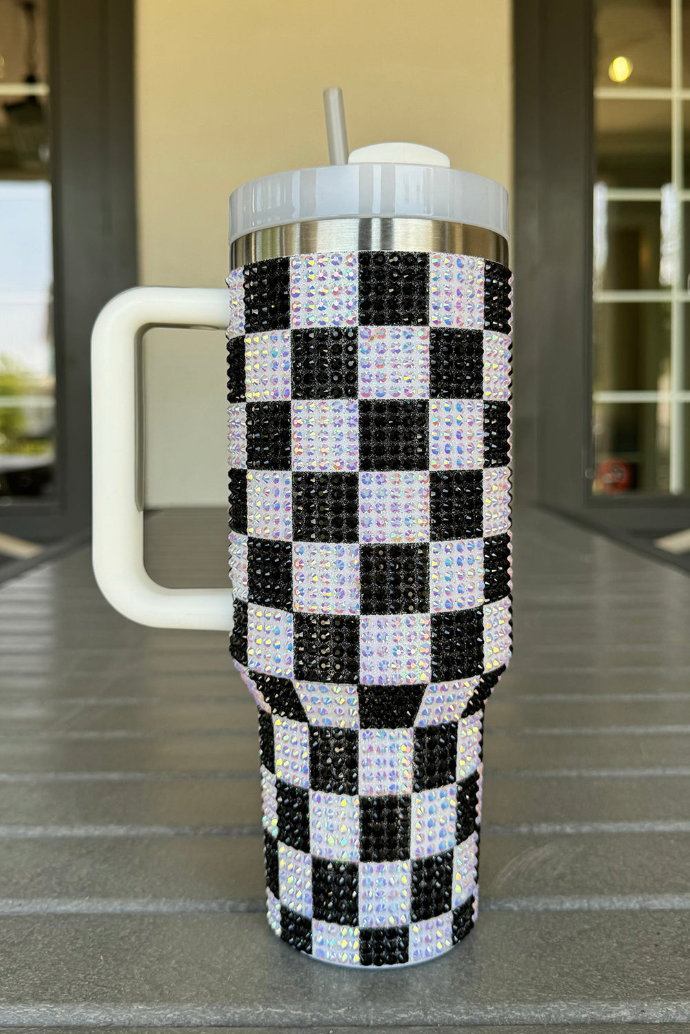 Blackish Green Full Rhinestone Checkerboard Handled Tumbler 40oz