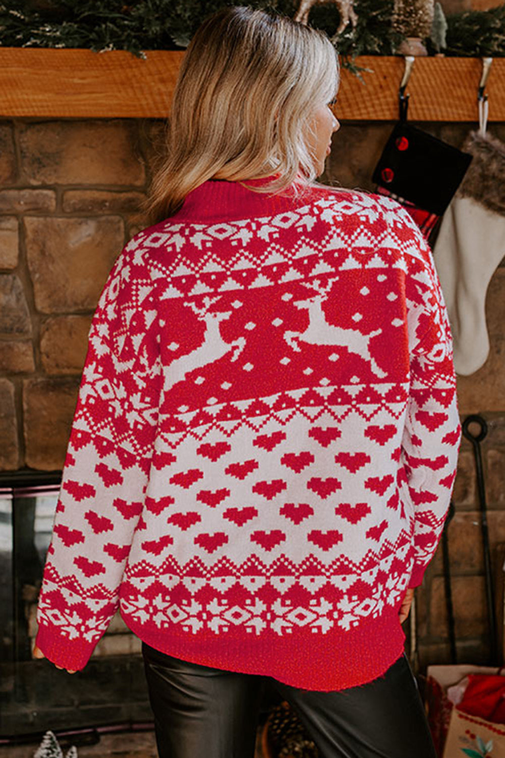 Reindeer & Heart Pattern High Neck Sweater
