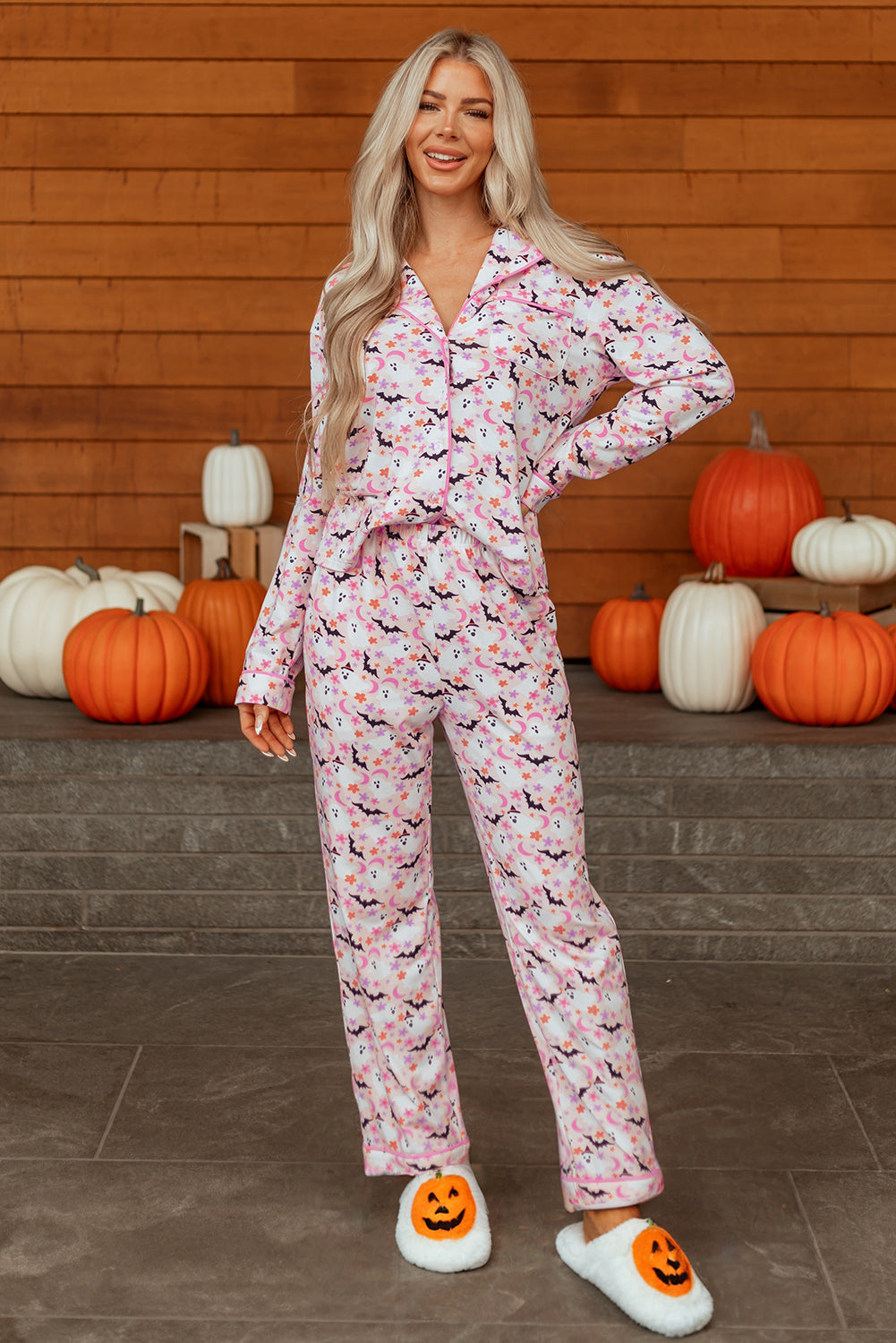 Pink Halloween, Haunted, Bat Print Pajama Set