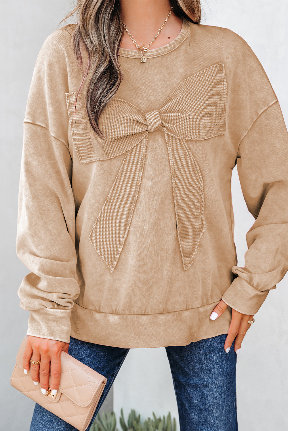 Mineral Wash Big Bow Patchwork Pullover Sweatshirt