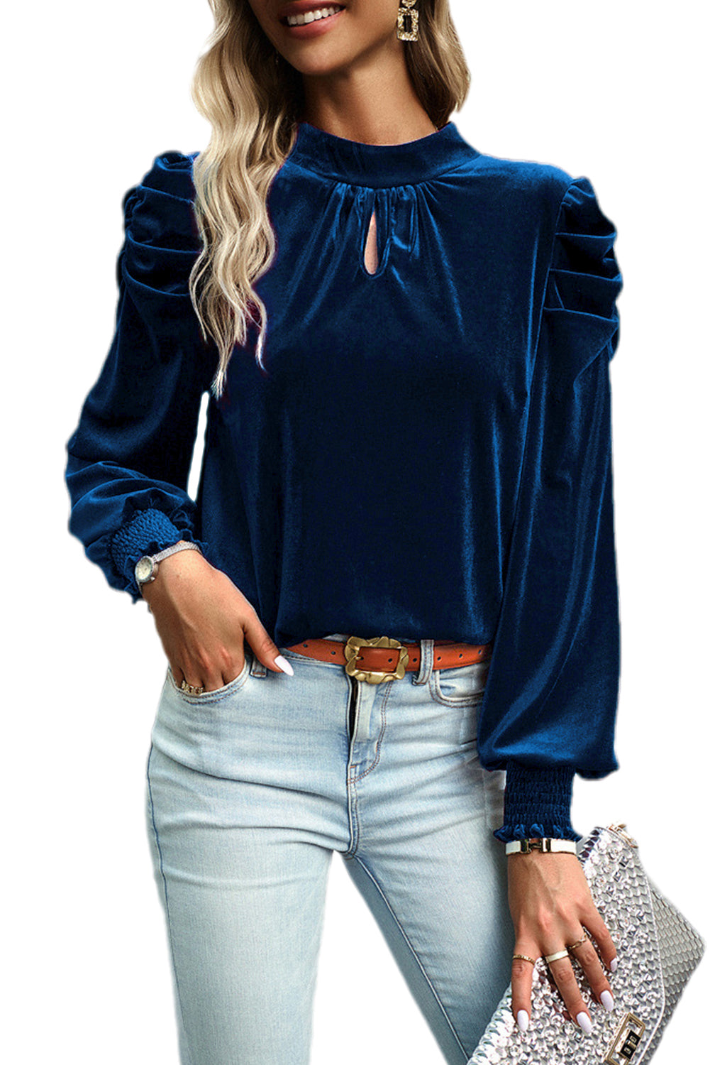 Blackish Green Mock Neck Puff Sleeve Velvet Blouse