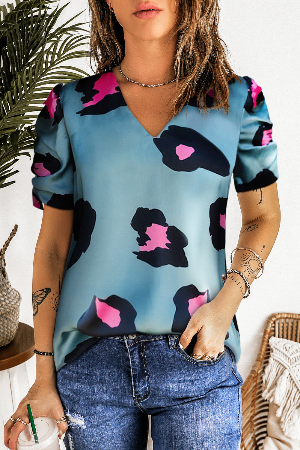 Ruched leopard Print Blouse