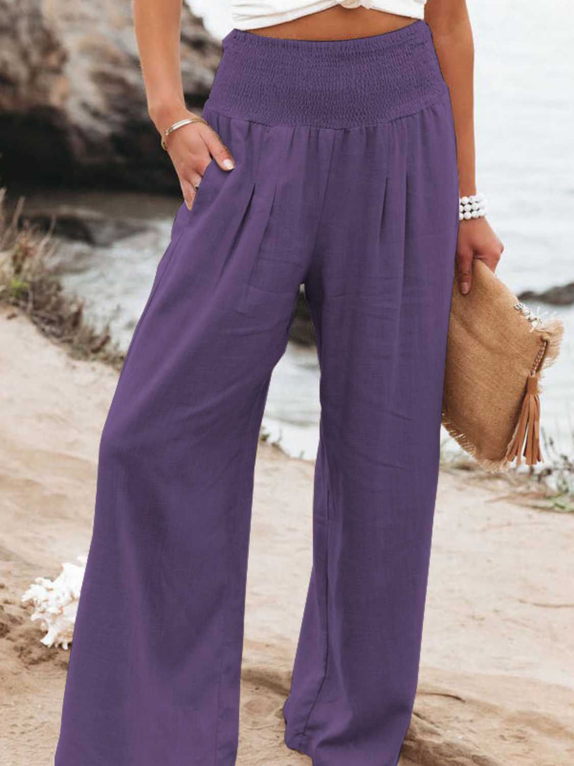 Full Size Smocked Waist, Wide Leg Pants