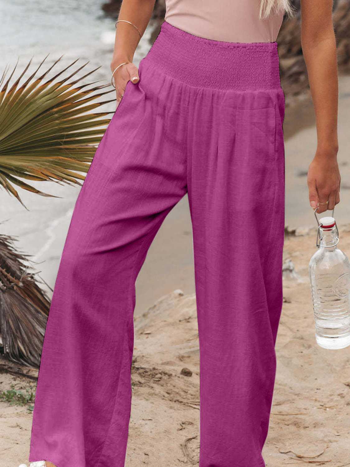Full Size Smocked Waist, Wide Leg Pants