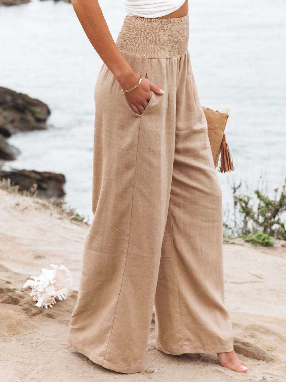 Full Size Smocked Waist, Wide Leg Pants