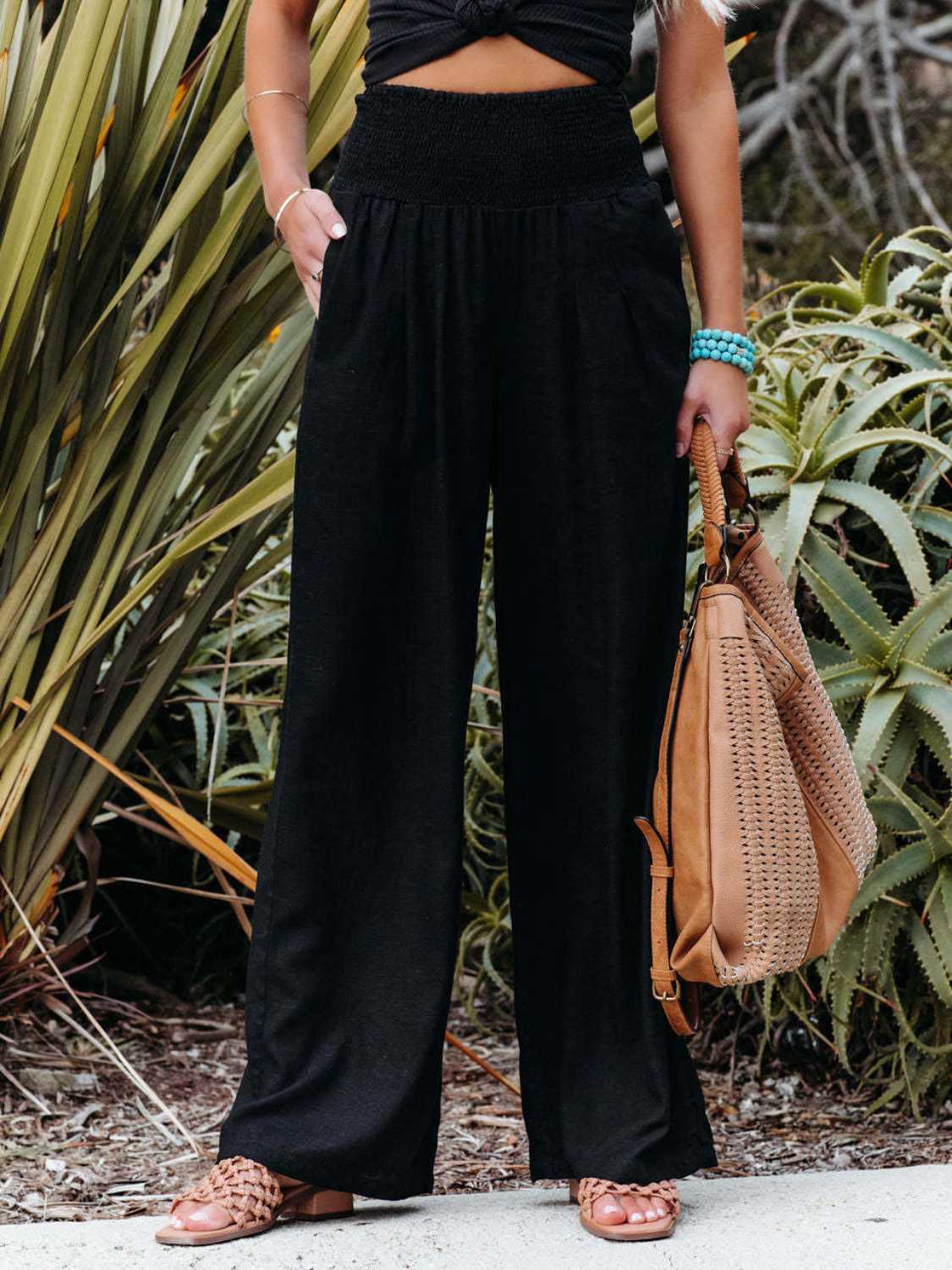 Full Size Smocked Waist, Wide Leg Pants