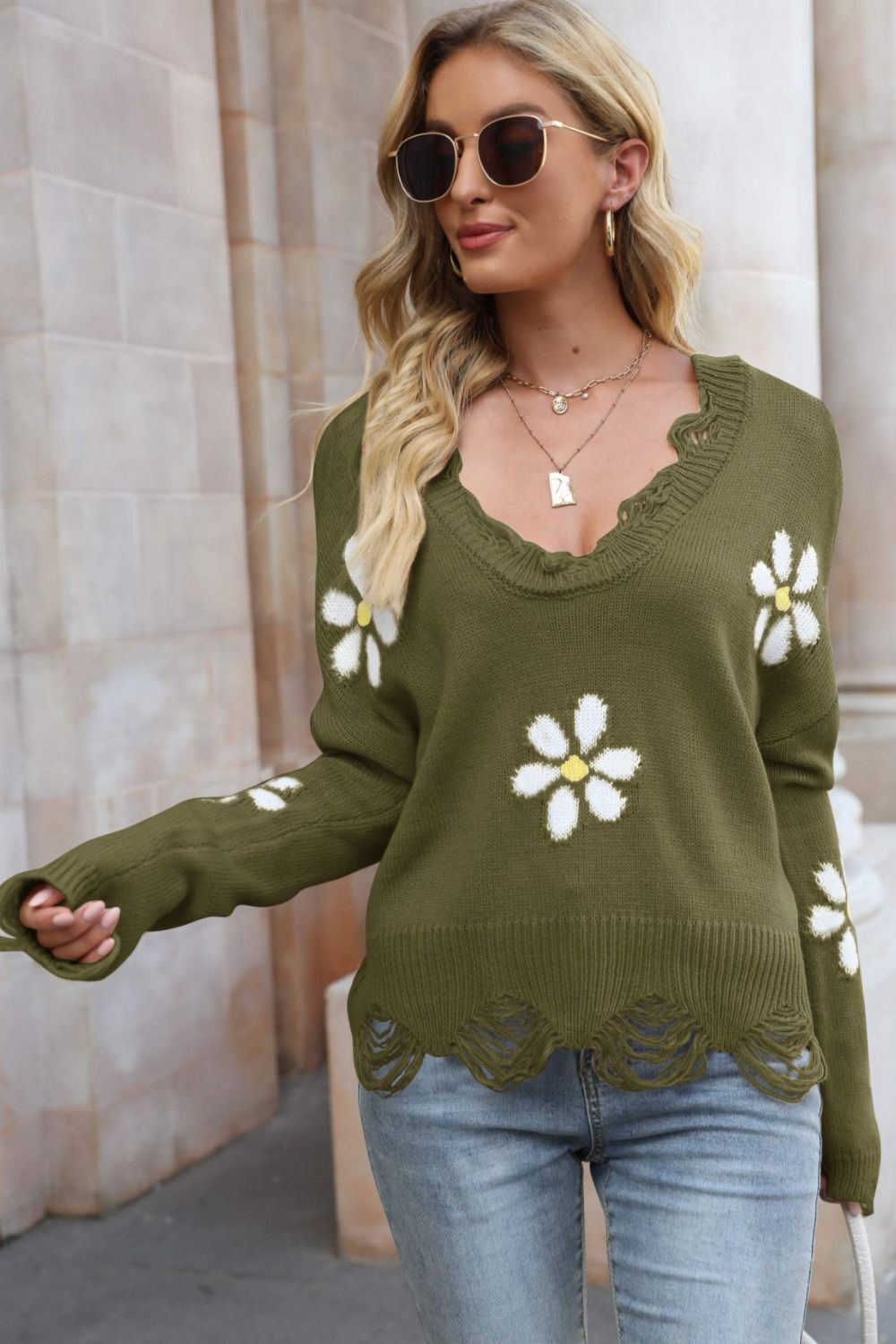 Flower Distressed Sweater