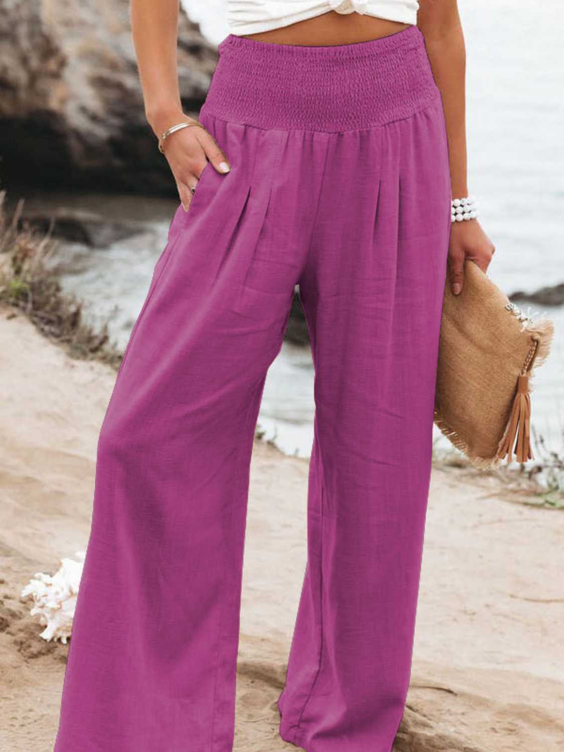 Full Size Smocked Waist, Wide Leg Pants