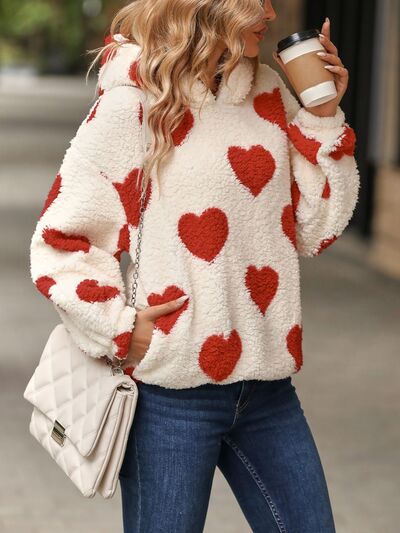 Fuzzy Heart Pocketed Hoodie
