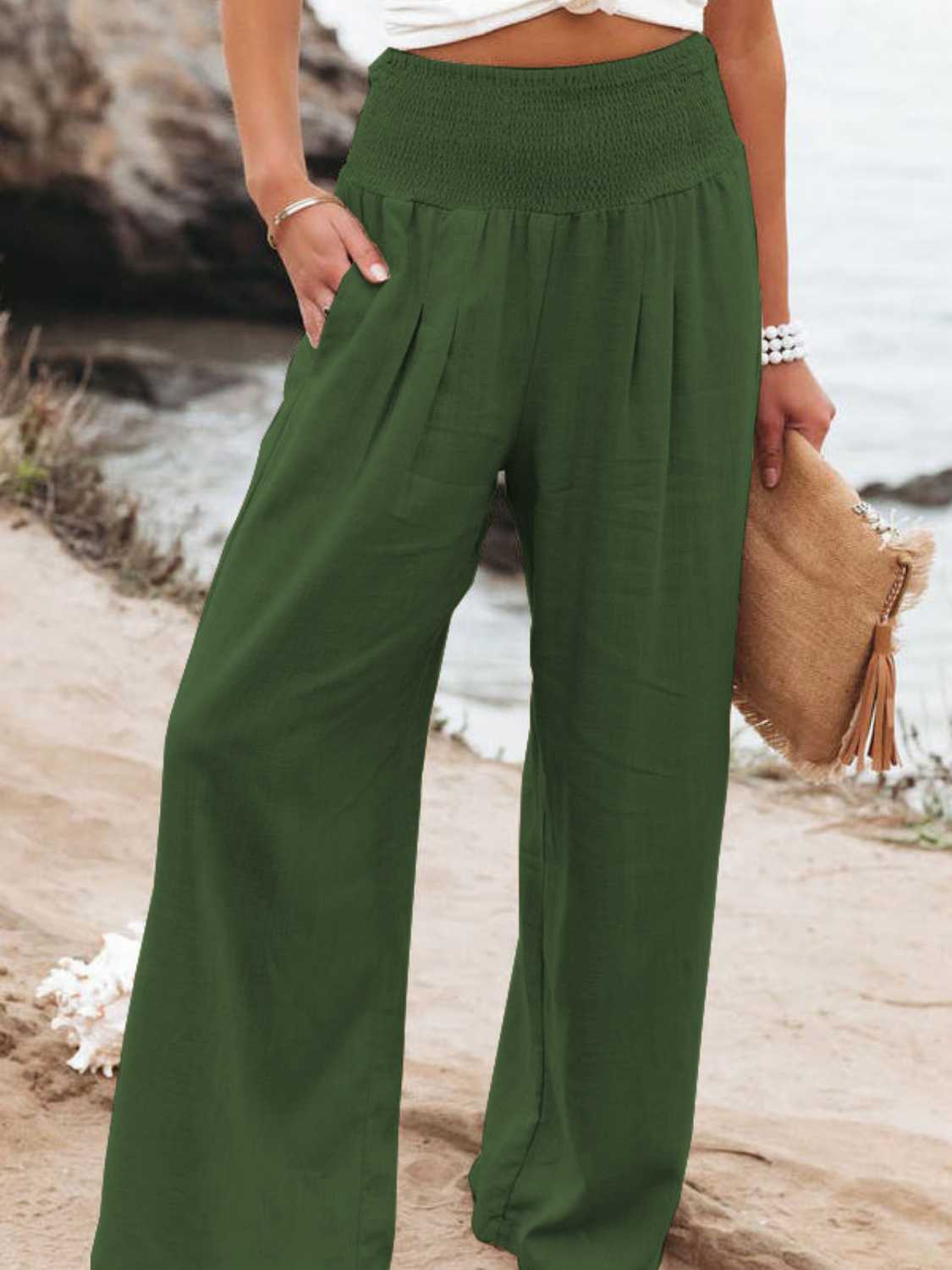 Full Size Smocked Waist, Wide Leg Pants