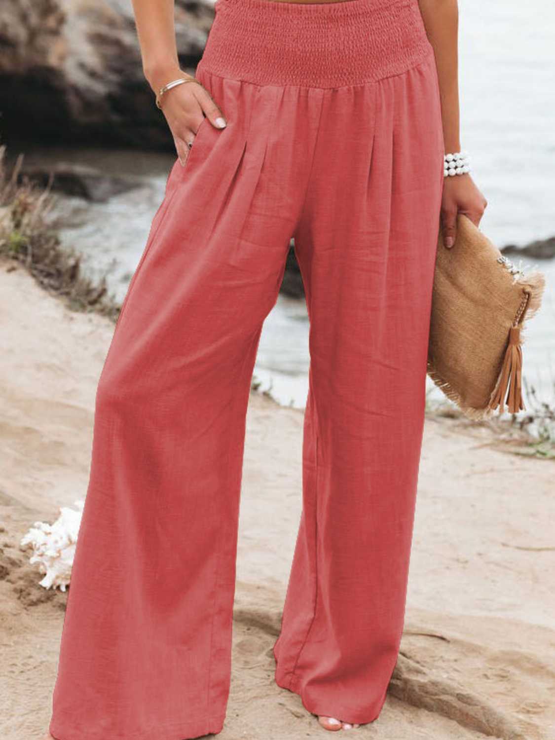 Full Size Smocked Waist, Wide Leg Pants
