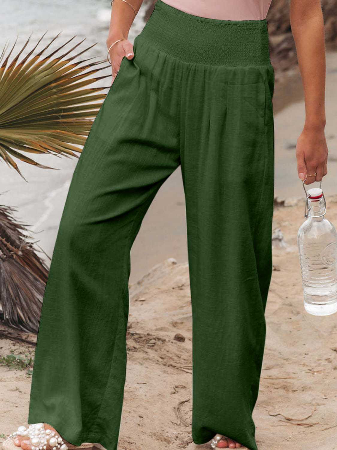 Full Size Smocked Waist, Wide Leg Pants