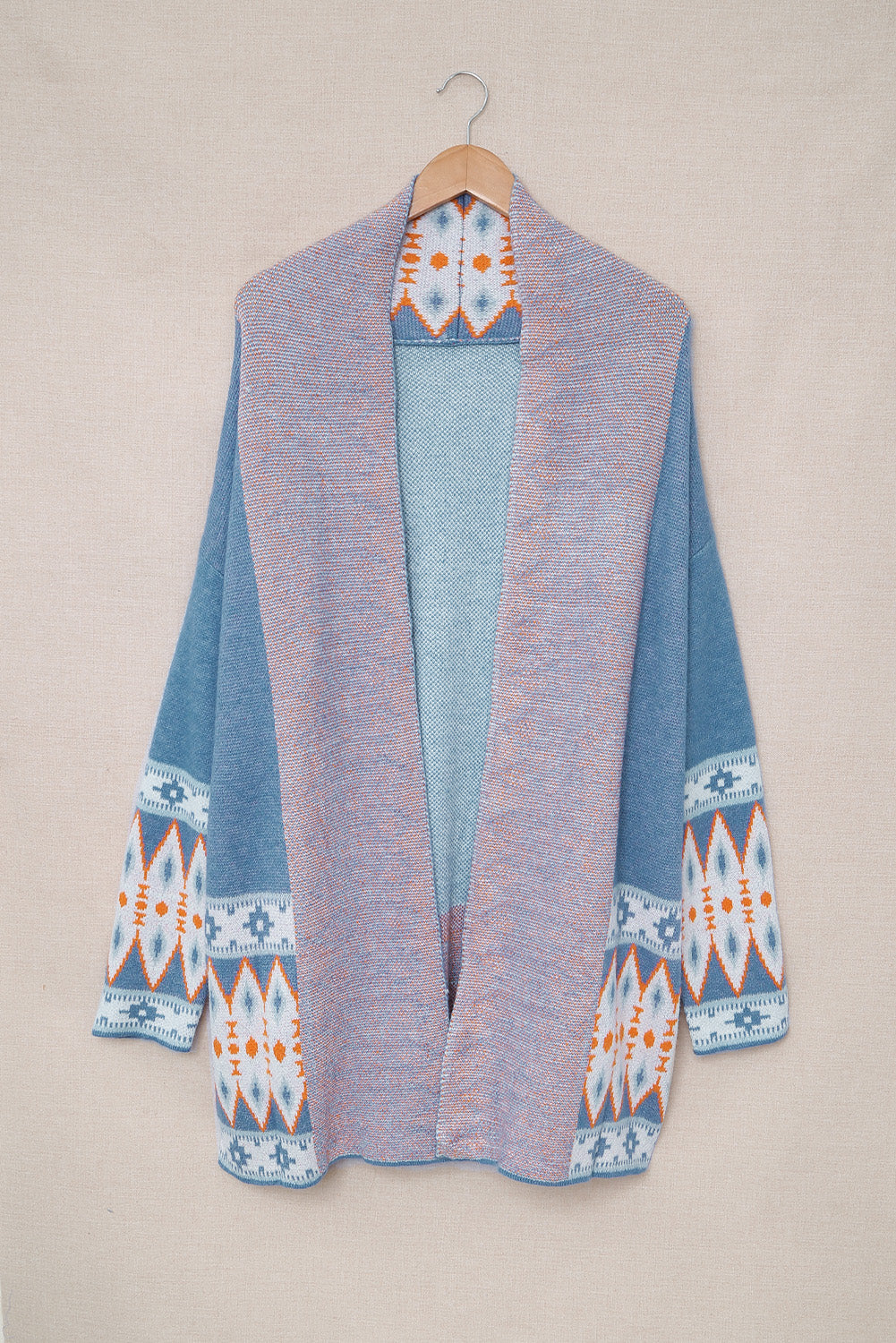 Orange Printed Aztec Print Open Front Knitted Cardigan