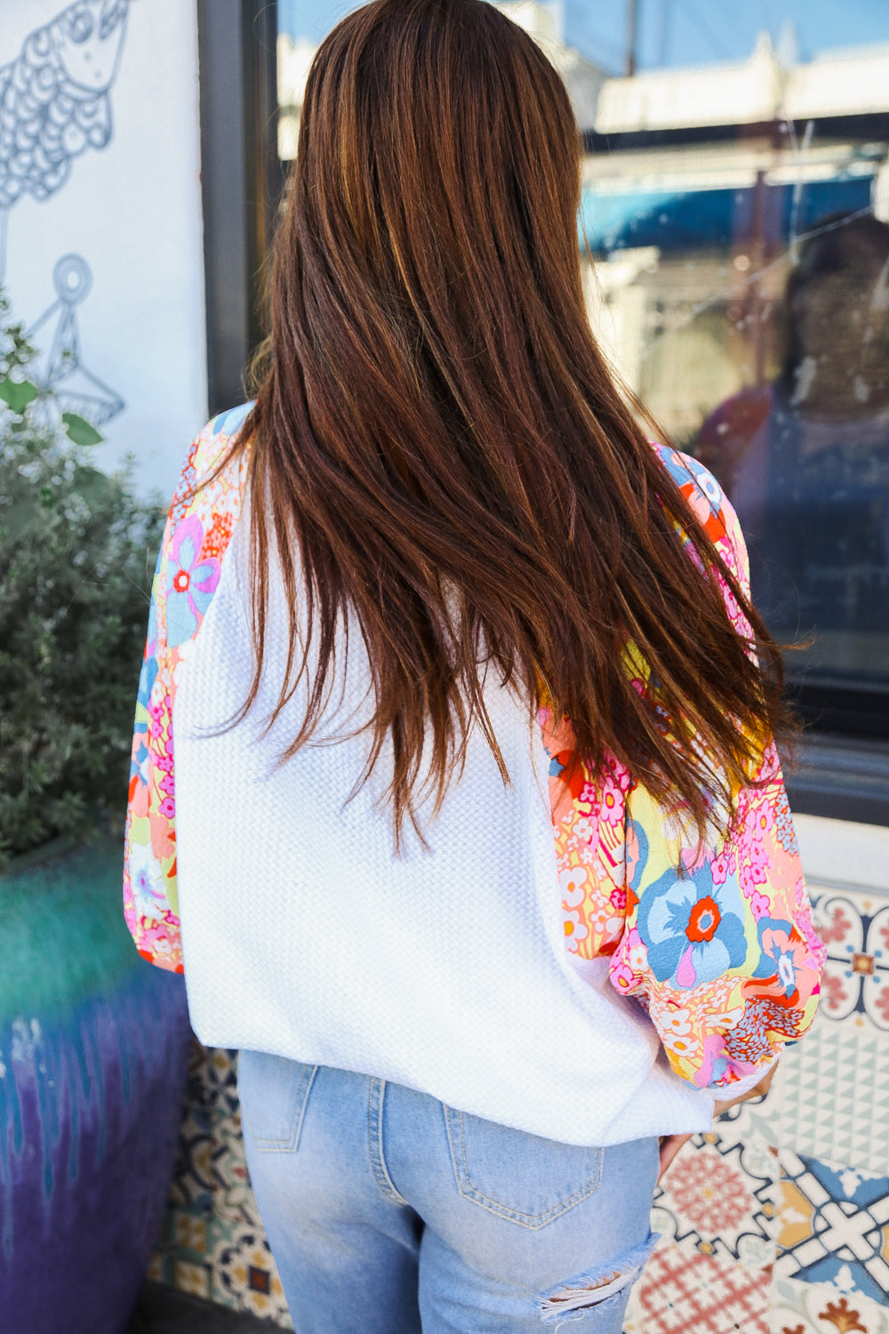 Sunny Days Ivory Textured Floral Bubble Sleeves Dolman Top