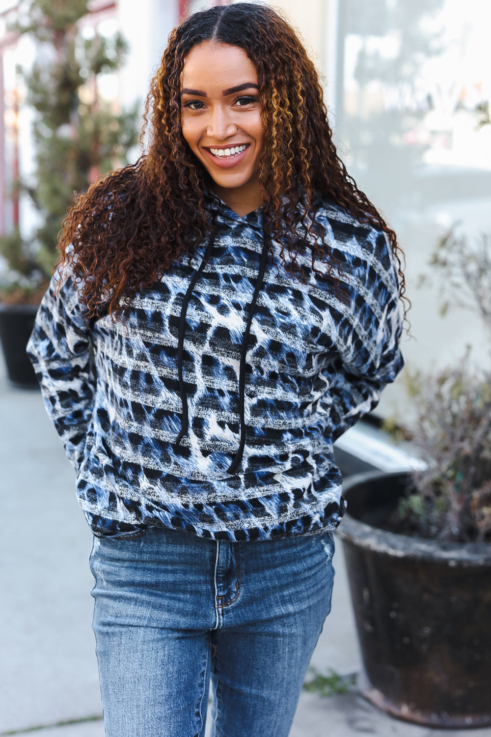 Casual Chic Blue & Black Animal Print Stripe Hoodie