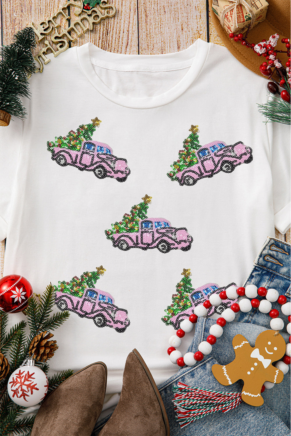 White Truck Christmas Trss Patched Pattern Crewneck Tee