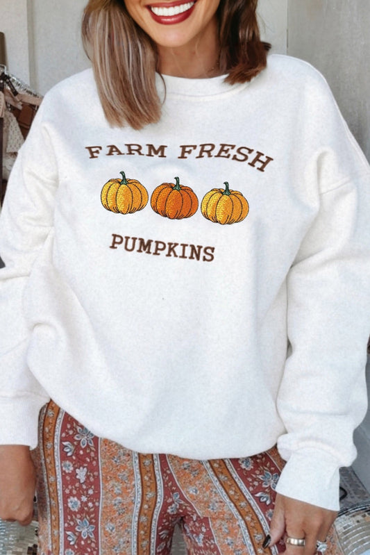 White FARM FRESH PUMPKINS Embroidered Sweatshirt