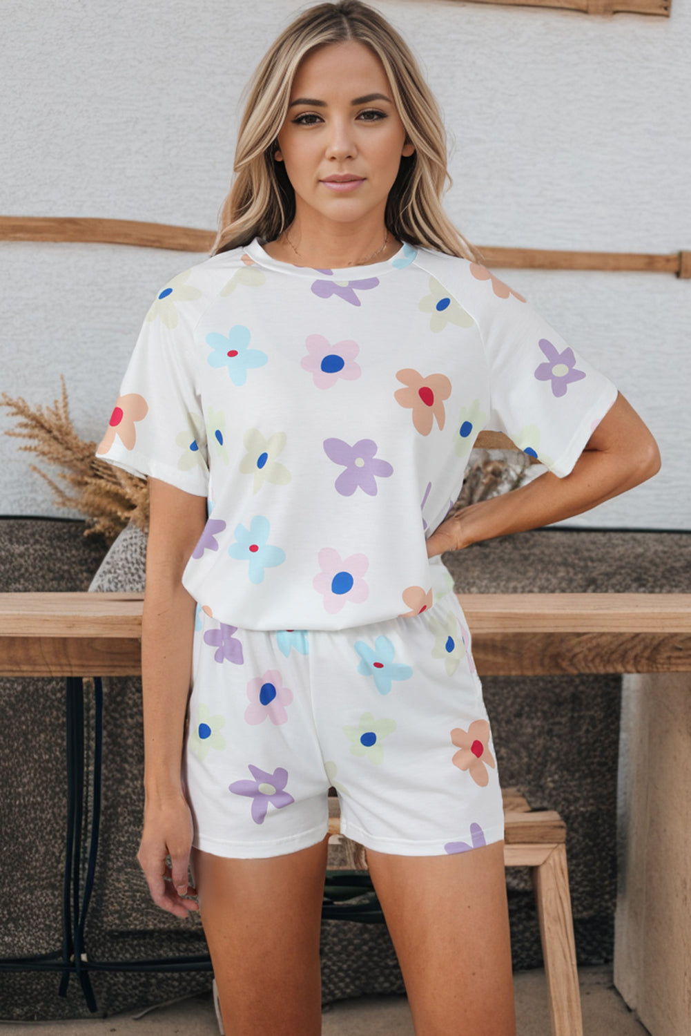 White Flower Print Short Sleeve High Waist Two Piece Shorts Set