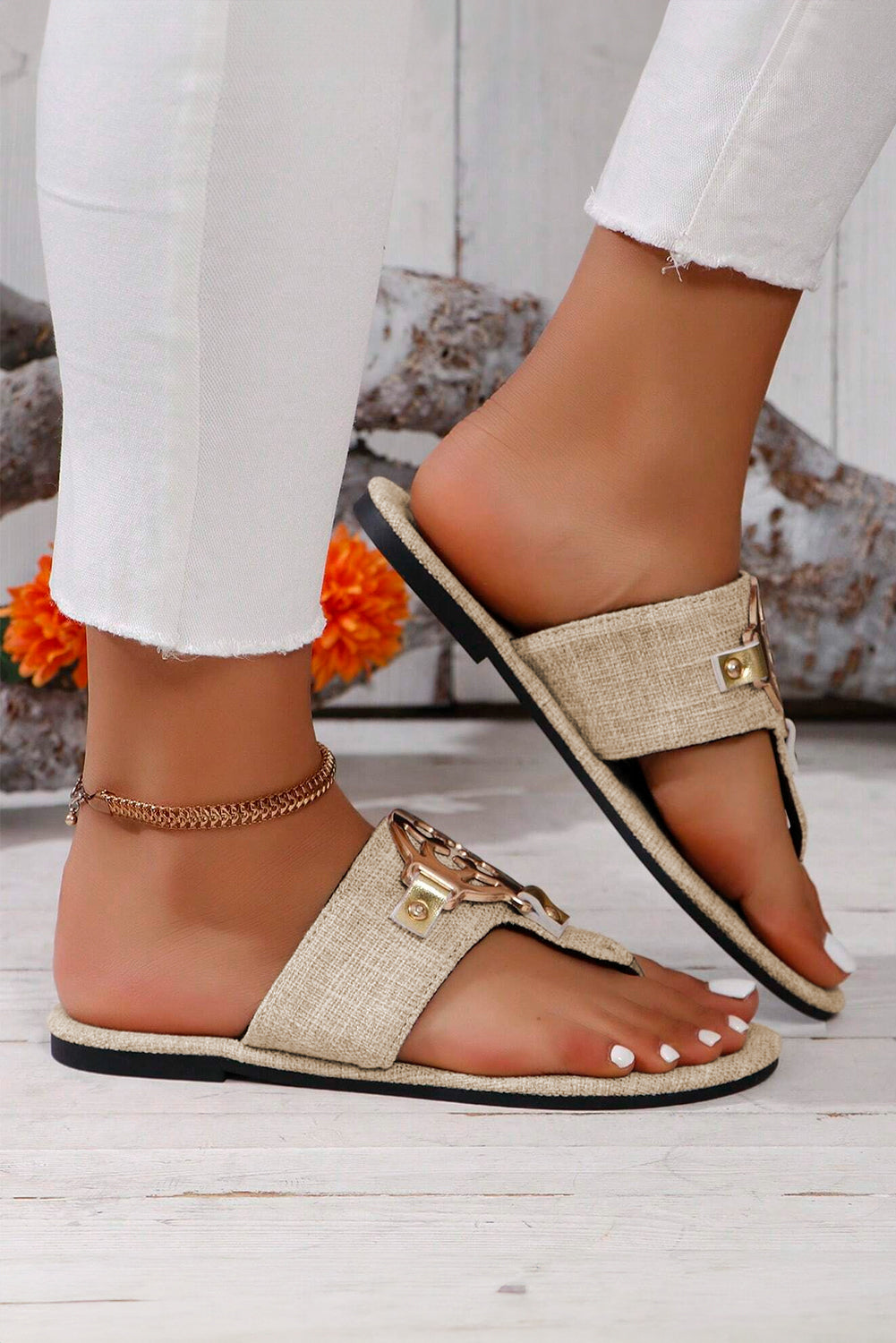 White Metal Décor Leather Thong Slippers