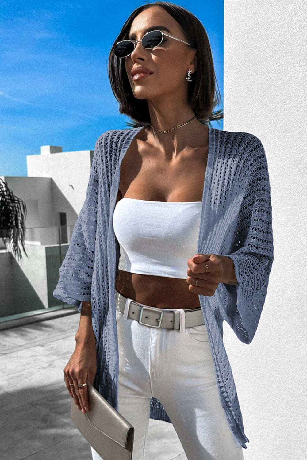 White Hollow-out Knit Kimono Lightweight Cardigan