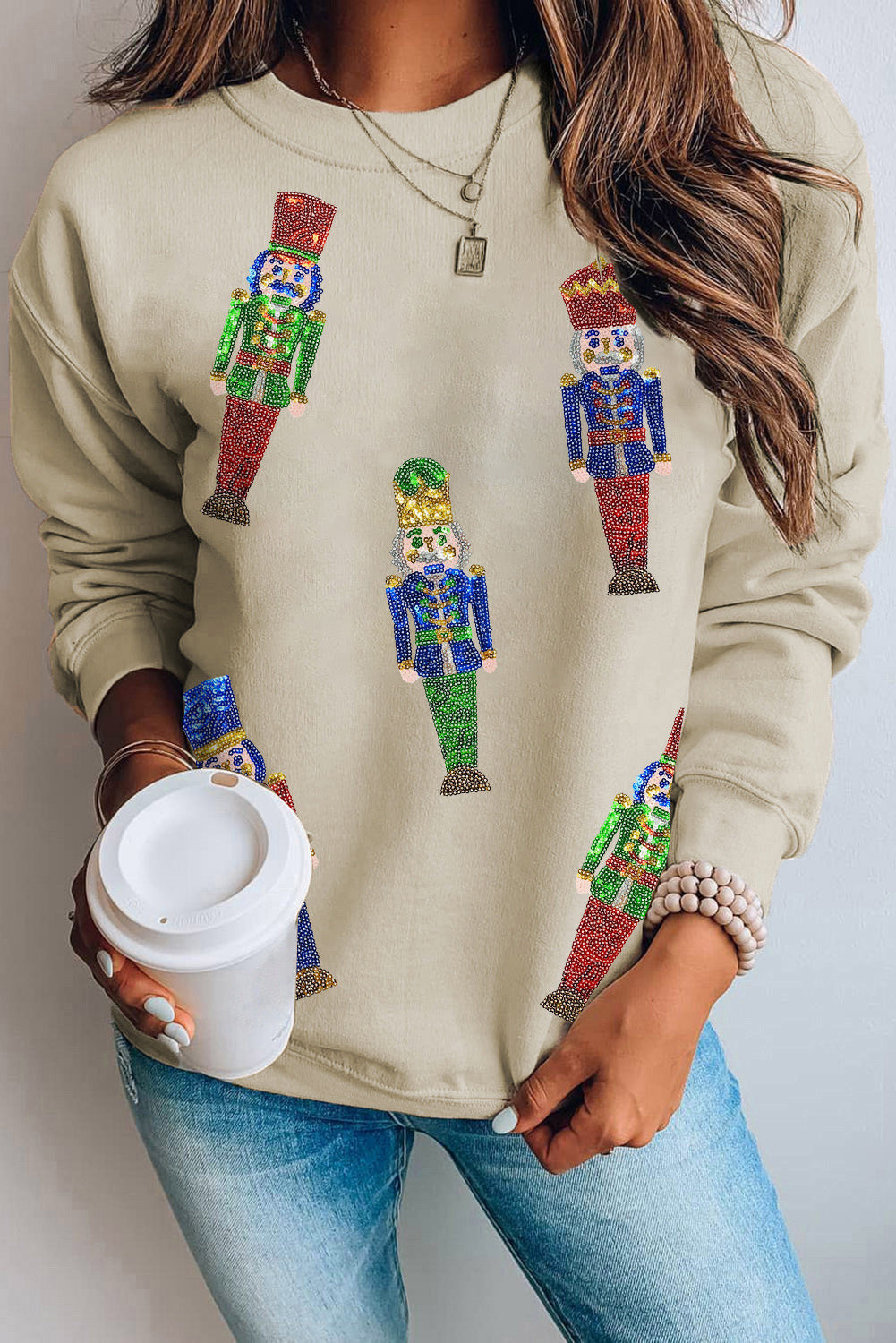 Khaki Sequined Nutcracker Doll Casual Sweatshirt