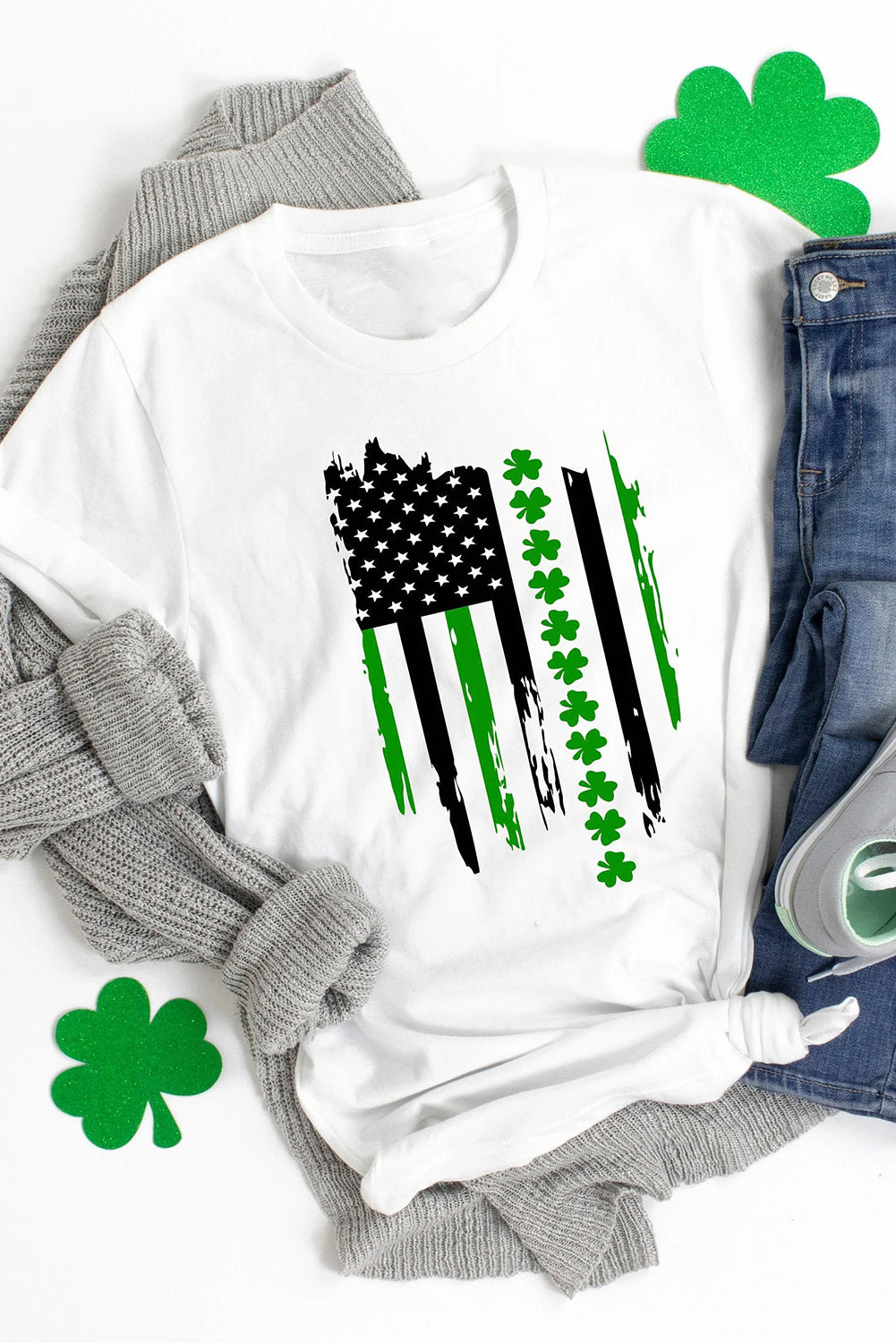 White St. Patricks Clover American Flag Tee