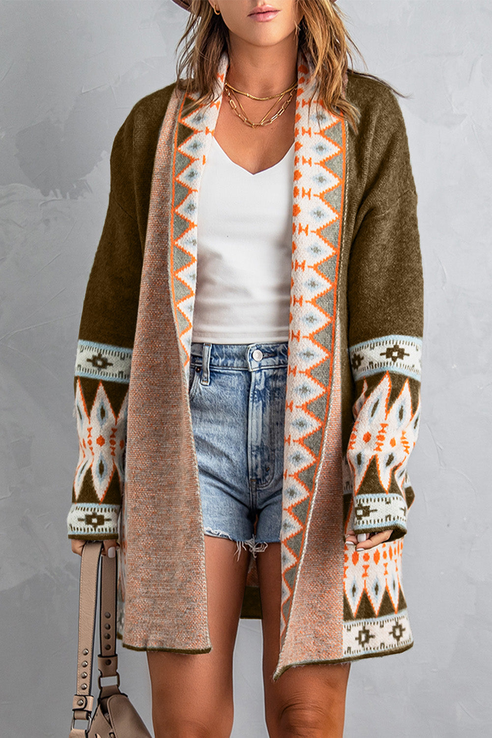 Orange Printed Aztec Print Open Front Knitted Cardigan