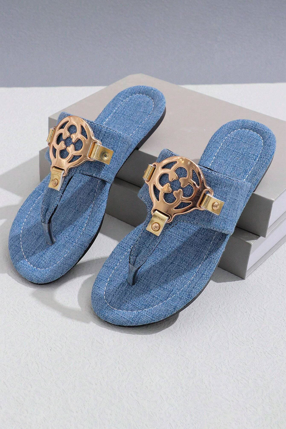 White Metal Décor Leather Thong Slippers