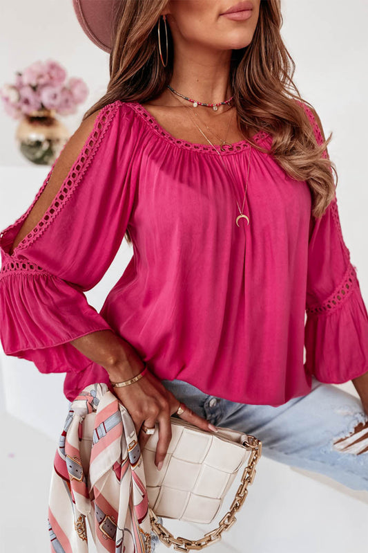 Rose Lace Crochet Cut-Out Bracelet Sleeve Ruffle Blouse