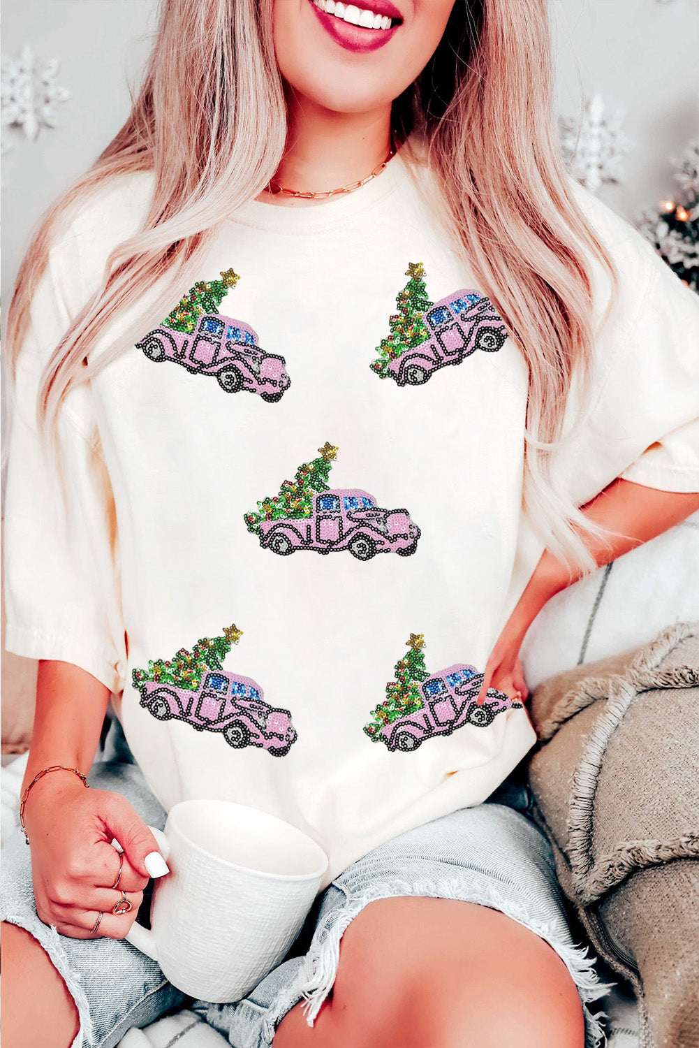 White Truck Christmas Trss Patched Pattern Crewneck Tee