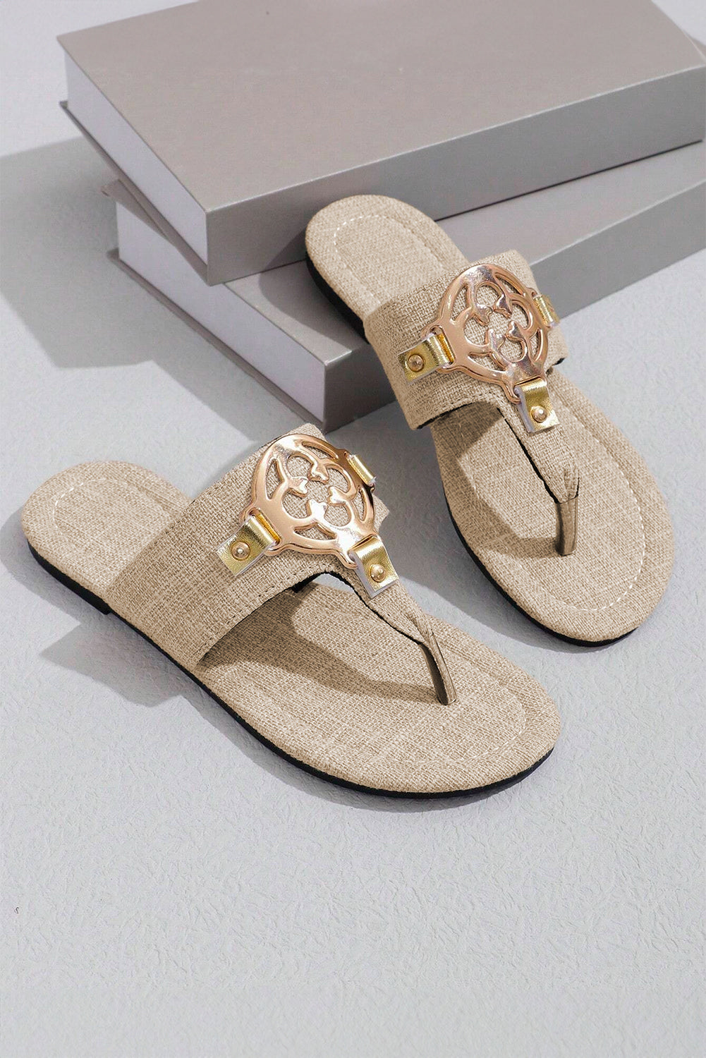 White Metal Décor Leather Thong Slippers