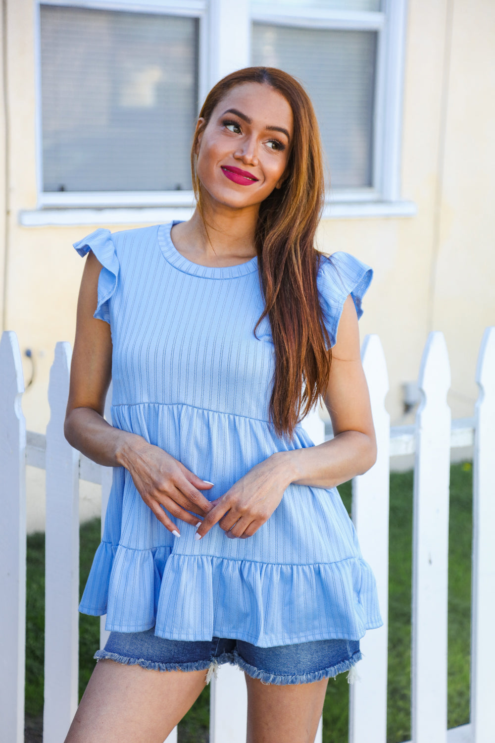 Blue Pointelle Babydoll Ruffle Flutter Sleeve Top