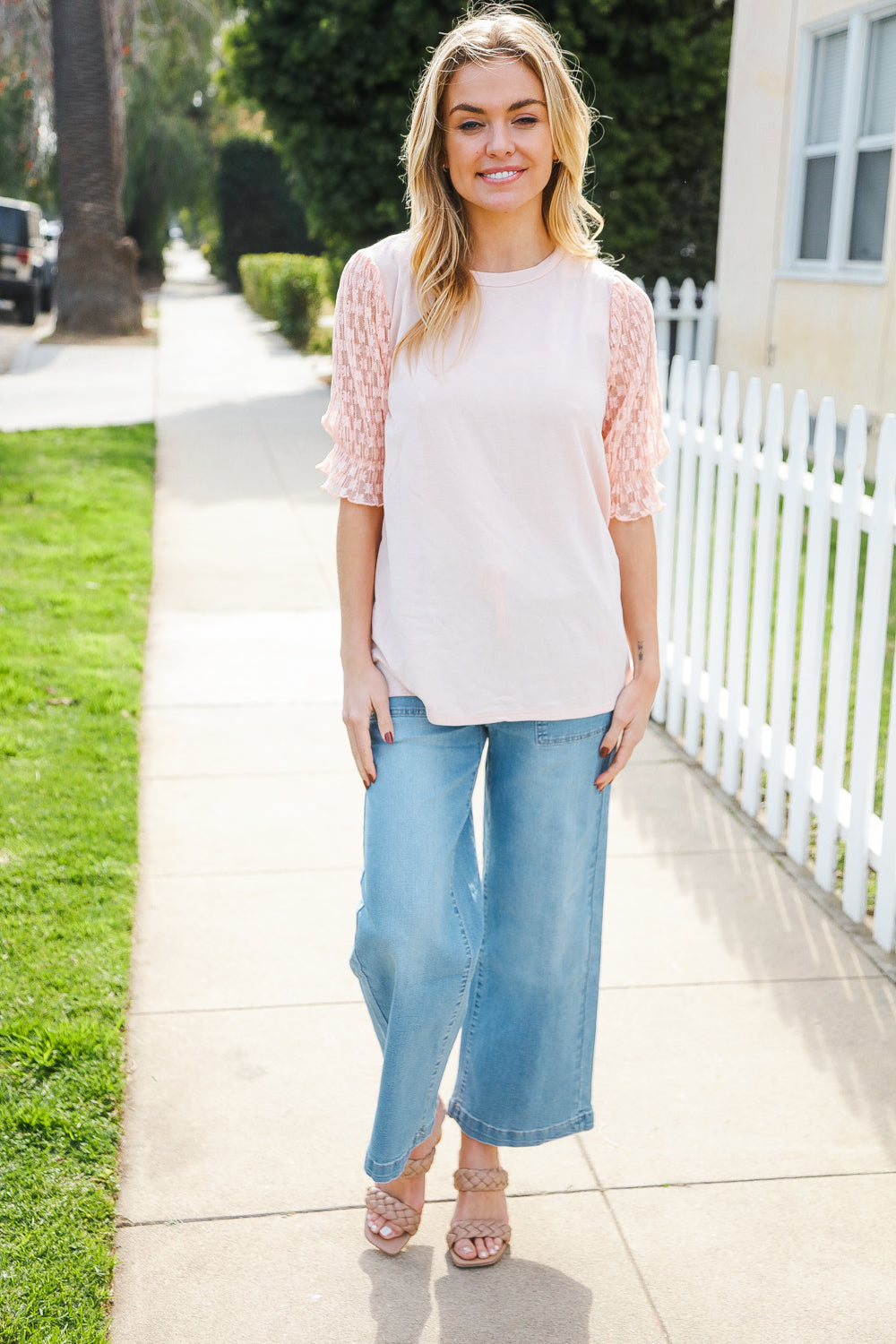 Adorable You Peach French Terry Lace Sleeve Top