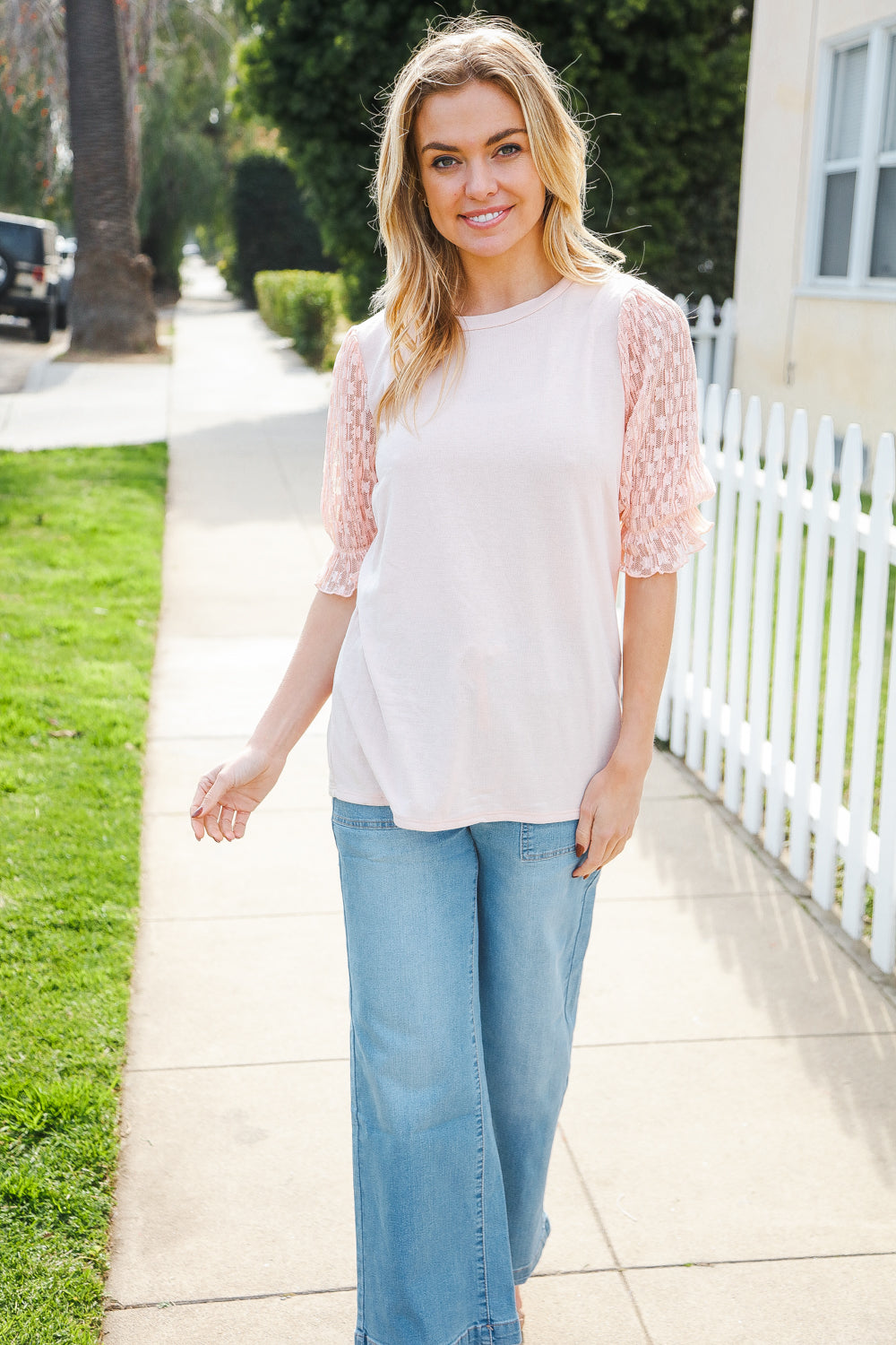 Adorable You Peach French Terry Lace Sleeve Top