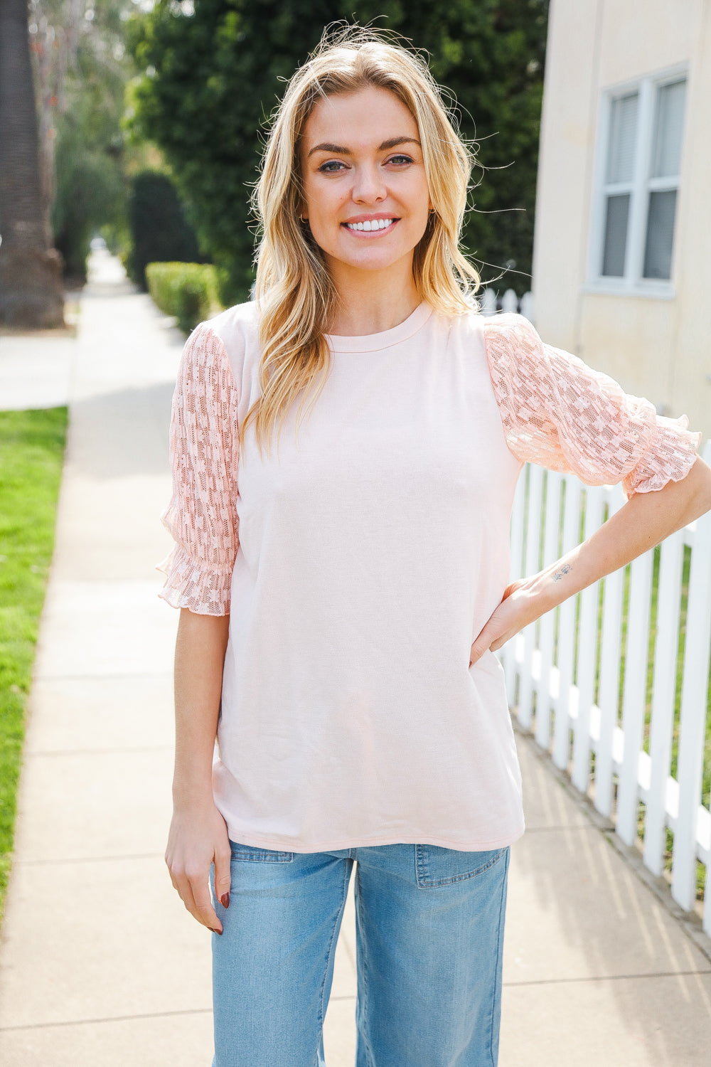 Adorable You Peach French Terry Lace Sleeve Top