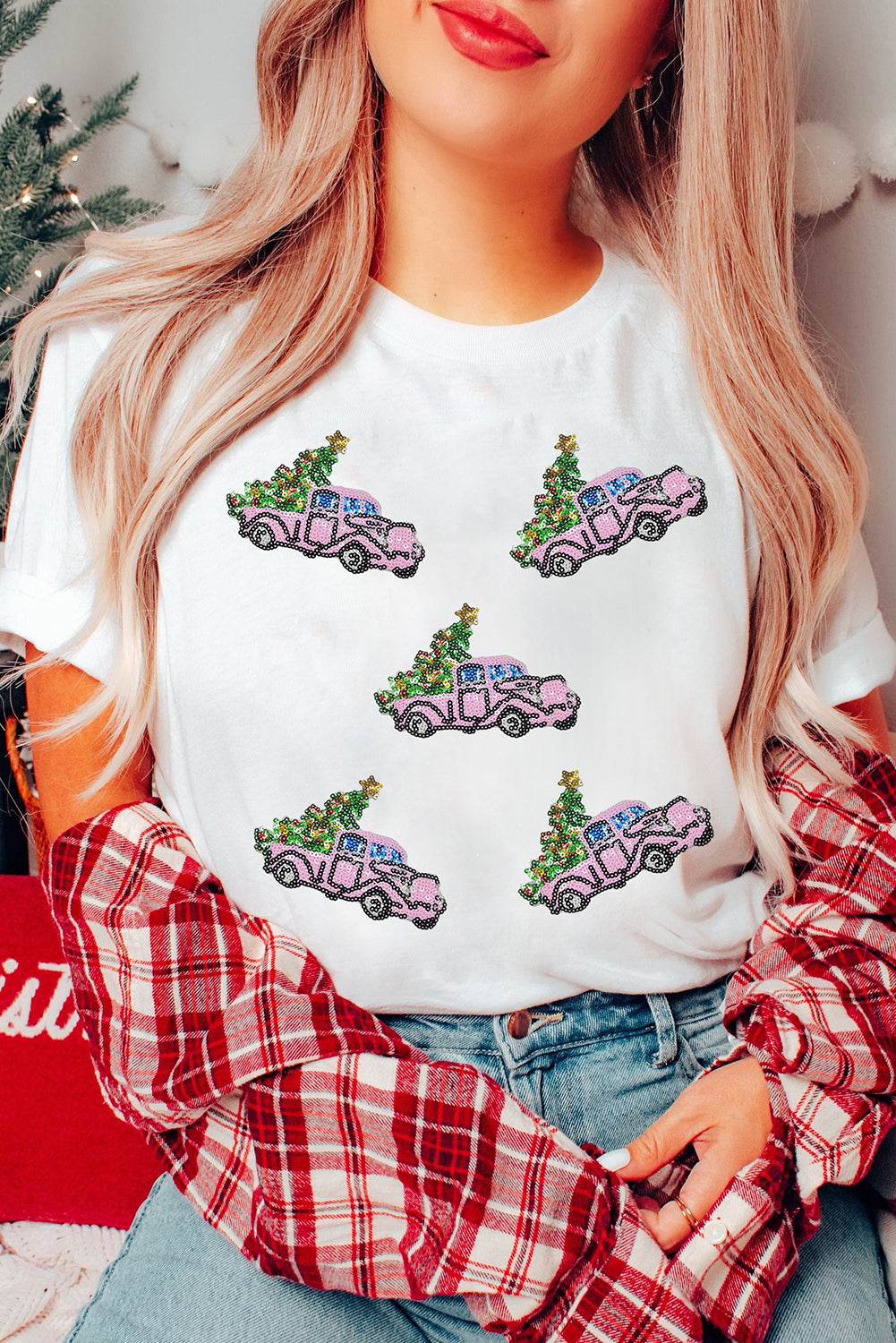 White Truck Christmas Trss Patched Pattern Crewneck Tee