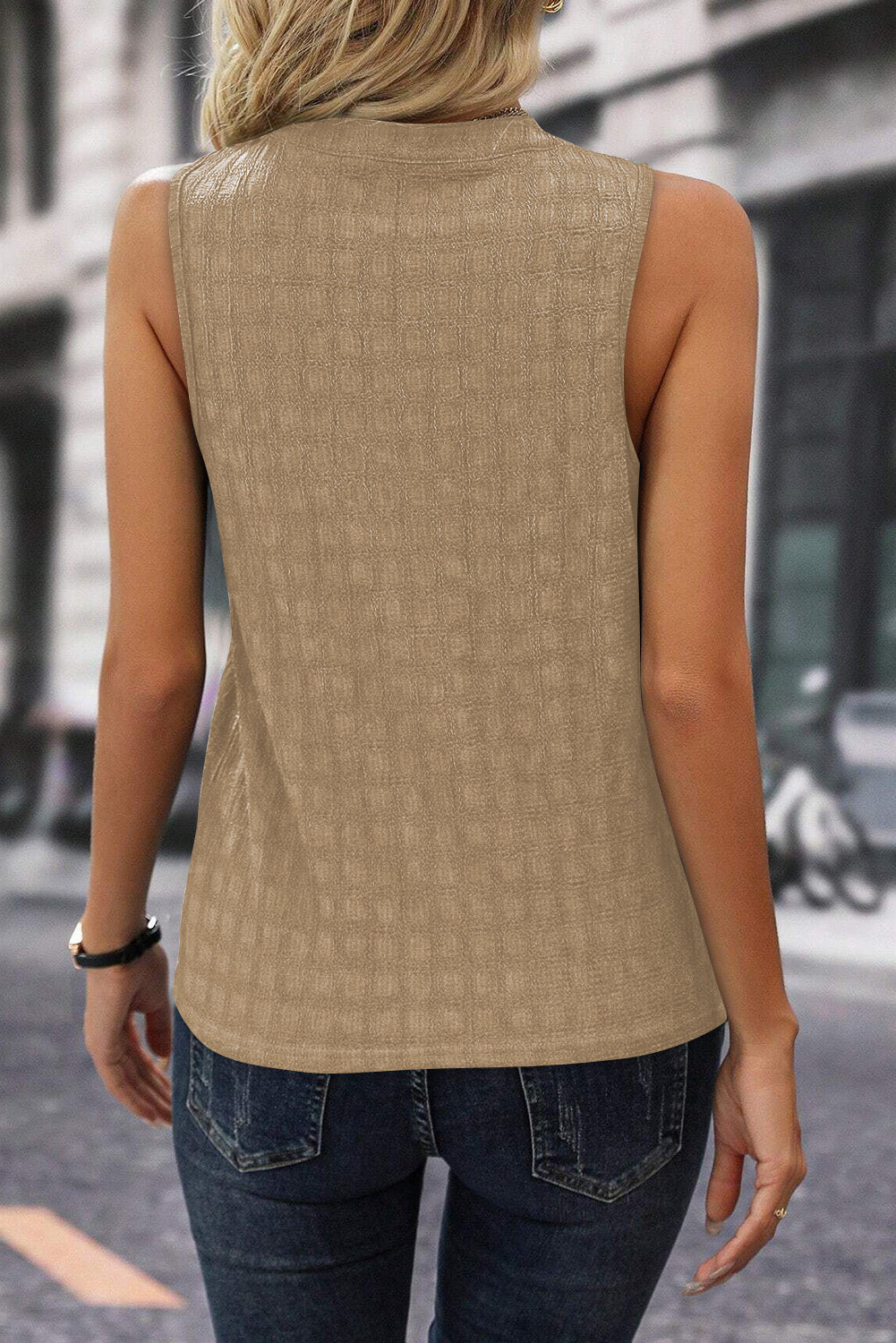 Pink Lattice Textured Split Neck Tank Top