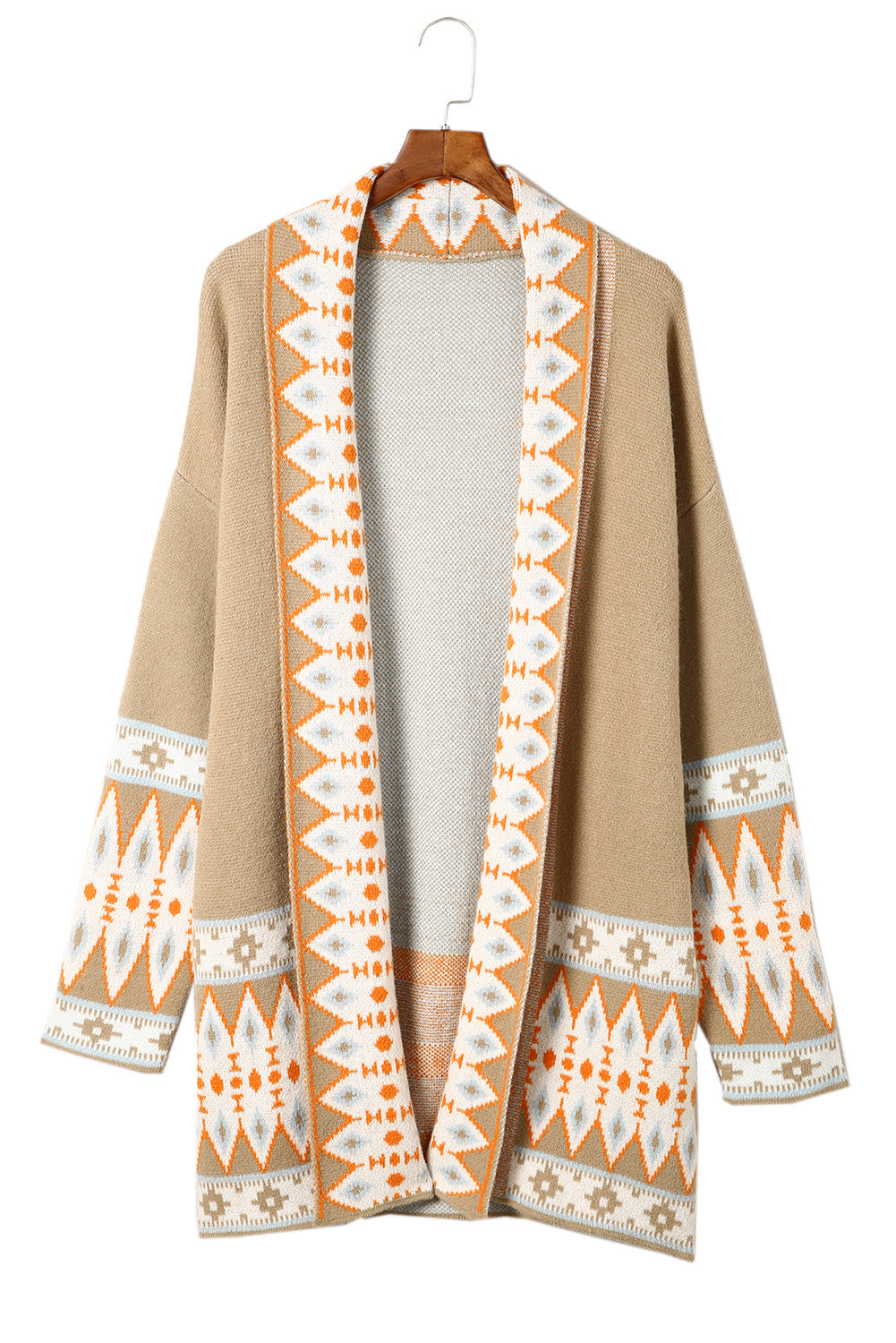 Orange Printed Aztec Print Open Front Knitted Cardigan