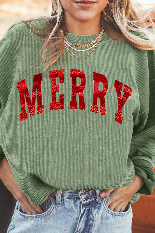 Grass Green Christmas MERRY Letter Printed Corded Baggy Sweatshirt