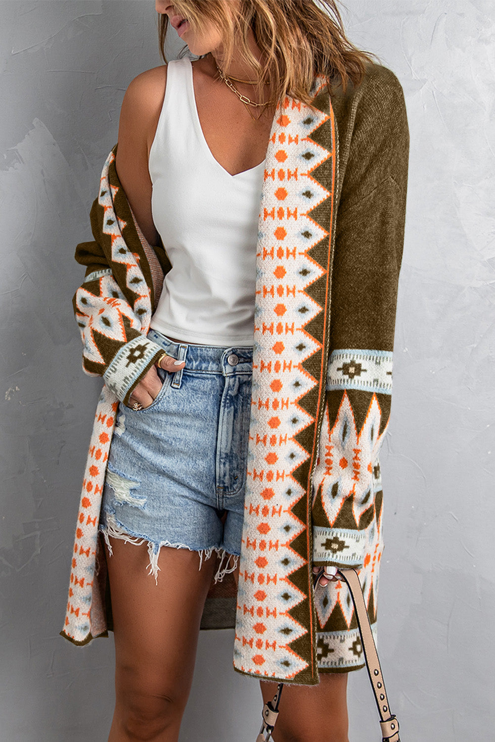 Orange Printed Aztec Print Open Front Knitted Cardigan