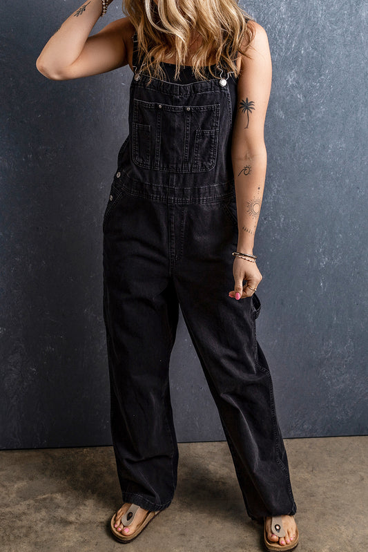 Black Adjustable Buckle Denim Overalls