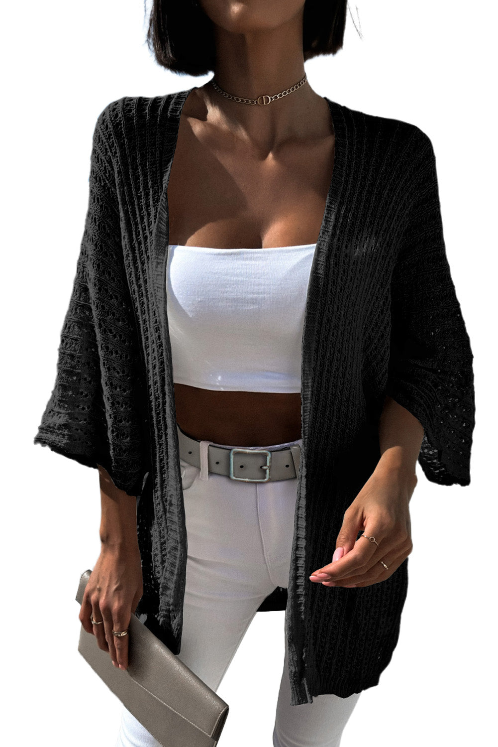 White Hollow-out Knit Kimono Lightweight Cardigan