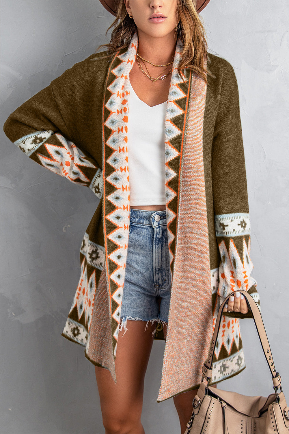 Orange Printed Aztec Print Open Front Knitted Cardigan