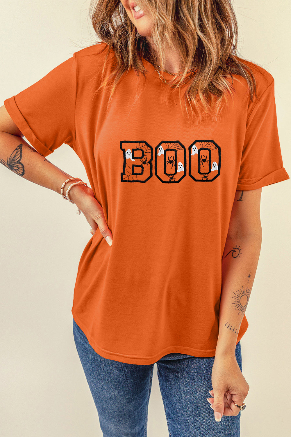 Orange BOO Halloween Embroidered Graphic Tee