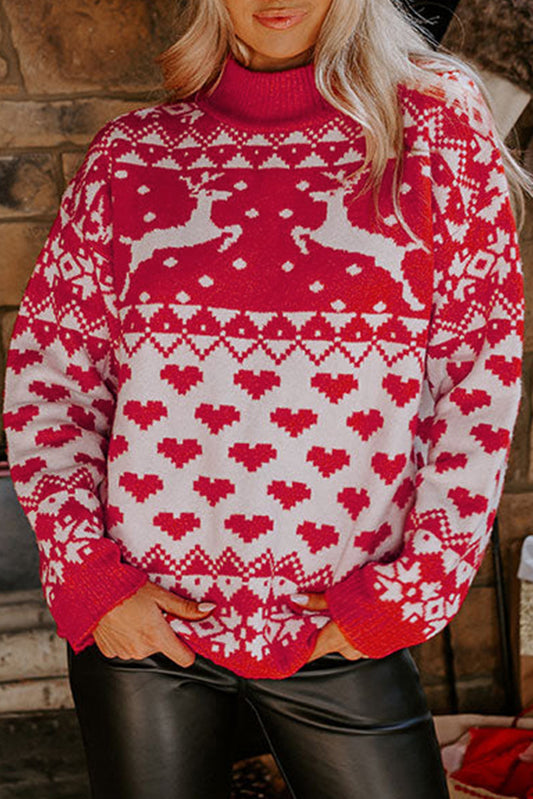 Reindeer & Heart Pattern High Neck Sweater