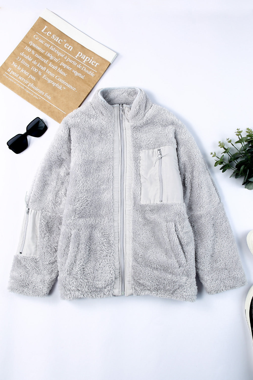 Zip Up Sherpa Coat with Pocket