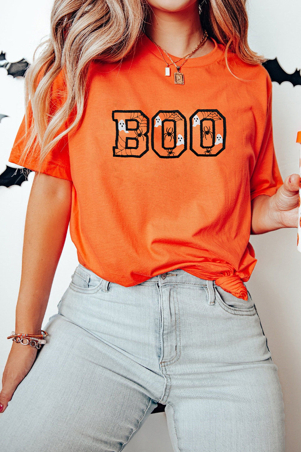 Orange BOO Halloween Embroidered Graphic Tee